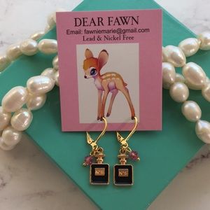 New Tiny Chanel N•5 Paris Black Bottle of Perfume Gold Hypoallergenic Earrings